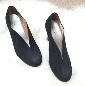 All Black Black Suede V Cutout Bootie Heels